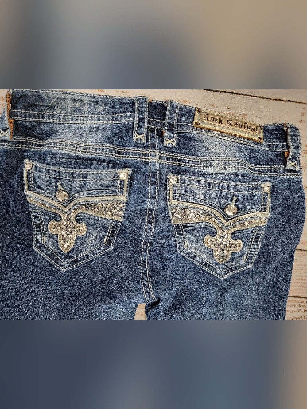 Rock Revival Women's Blue Jeans with Embellished Rhinestone Pockets